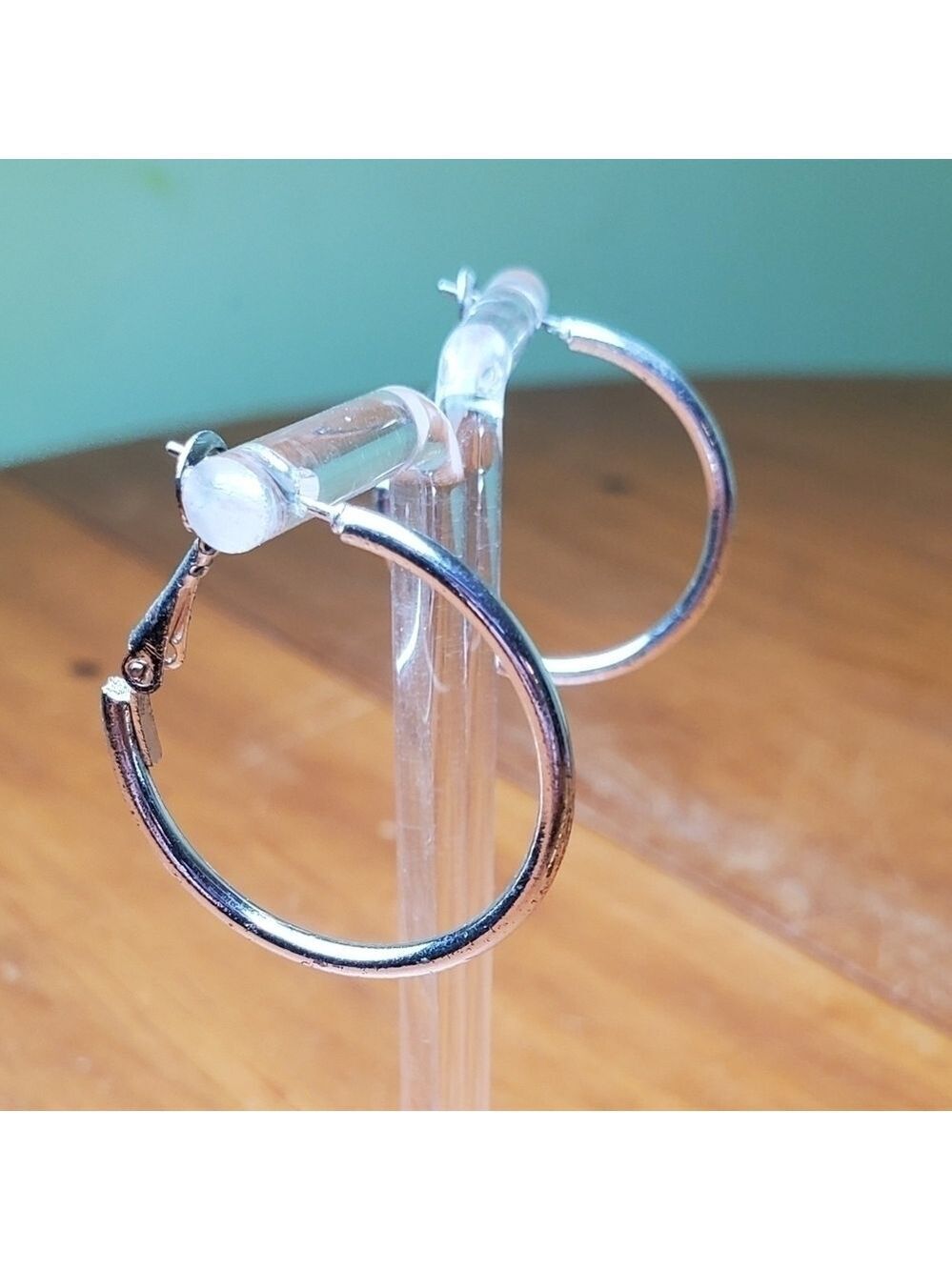 Earrings, silver colored hoops, 1 inch - Picture 2 of 4